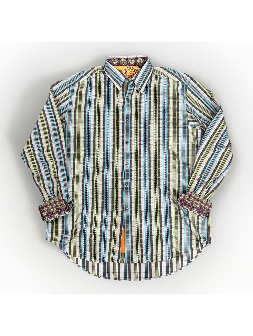 Robert Graham Blue Green Stripe Long Sleeve Cotton Silk Dress Shirt Men Large